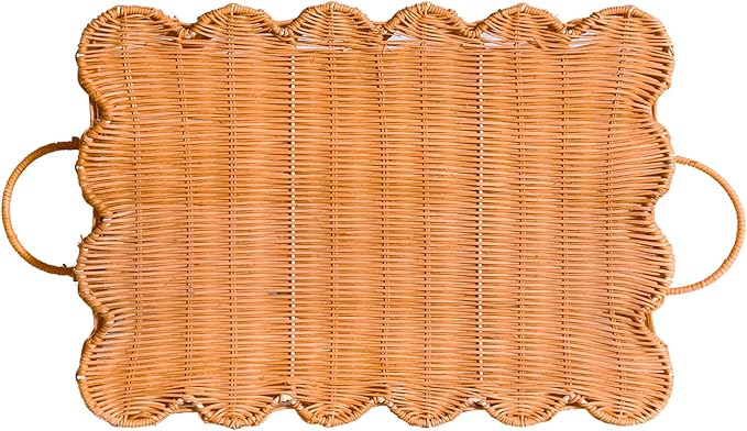 Scalloped Rattan Tray Basket,17"*12"*4" Super Hard Rectangle Hand Woven Wicker Serving Tray with Handles, Seagrass Decoratve Tray for Coffee Table (Rattan-Light Orange-17 * 12 * 4")
