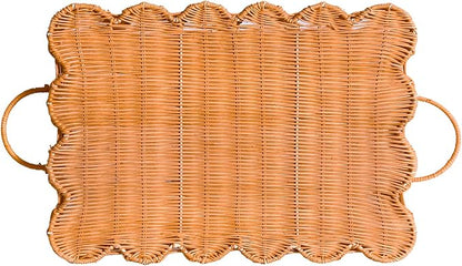 Scalloped Rattan Tray Basket,17"*12"*4" Super Hard Rectangle Hand Woven Wicker Serving Tray with Handles, Seagrass Decoratve Tray for Coffee Table (Rattan-Light Orange-17 * 12 * 4")