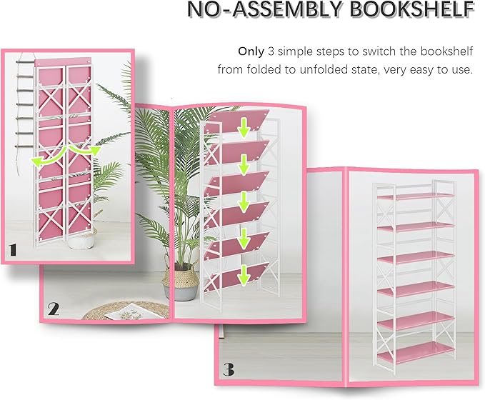 4NM 6 Tiers No Assembly Book Shelves, 61.8" H Folding Bookshelf Bookcase Open Industrial Foldable Shelves for Bedroom, Living Room, Home Office - Pink White
