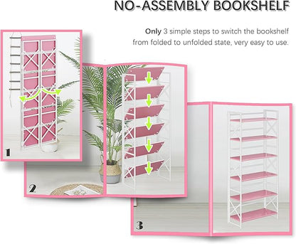 4NM 6 Tiers No Assembly Book Shelves, 61.8" H Folding Bookshelf Bookcase Open Industrial Foldable Shelves for Bedroom, Living Room, Home Office - Pink White