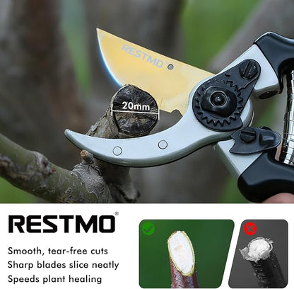 RESTMO 8.6" Professional Pruning Shears, Premium Titanium SKS5 Steel Blade for Long-Lasting Sharpness, Forged Aluminum Handles for Durability, Bypass Pruners for Gardening, Clippers & Scissor Tool