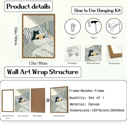 Funny Black Cat Wall Art Painting, Whimsical Cat in Stripe Bed Reading Wall Decor, Cute Animal Book Lover Blue and White Poster Canvas Prints for Bedroom Living Room 12x16 inch Wood Framed