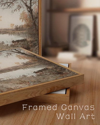 ZZLWBKGL Vintage Landscape Framed Wall Art Nature Forest Lake Canvas Wall Art Classic Country Pictures Wall Decor Farmhouse Rustic Art Prints for Living Room Study Bedroom