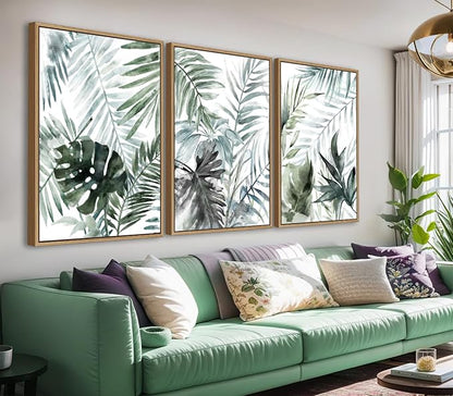 Large Framed Canvas Wall Art - Natural Float Framed Tropic Leaf Pictures Wall Art Prints for Living Room Decor Green Plants Artwork for Bedroom Kitchen Home Office Decoration 72" X 36" Set of 3