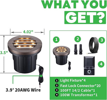 Landscape Well Lights Kit, 4 Pack LED Low Voltage Ground Lights and 100W Transformer and 100FT Cable and 20 Wire Connectors, 12V IP67 Waterproof Aluminum for Sidewalk Driveway Path