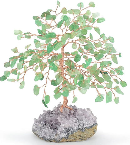 Gemstone Crystal Tree of Life,Natural Green Aventurine with Amethyst Cluster Base,Feng Shui Gift Bonsai Money Tree,Home Decor for Luck and Wealth 5.5"-6.3"