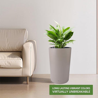 Dexceder 16x12 Tall Self Watering Planter High Cylinder Indoor Outdoor, Thickened Large Floor Standing Flower Plant Pot with Water Level Indicator (Taupe Matte)