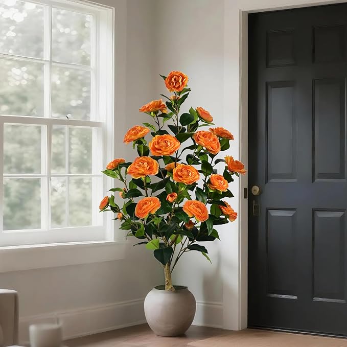 Artificial Camellia Tree with Spike, 36” Tall Faux Artificial Plants Outdoor Flower Tree with Orange Blooming Camellia Flower, Fake Flower Tree for Home, Garden Decor(Orange)