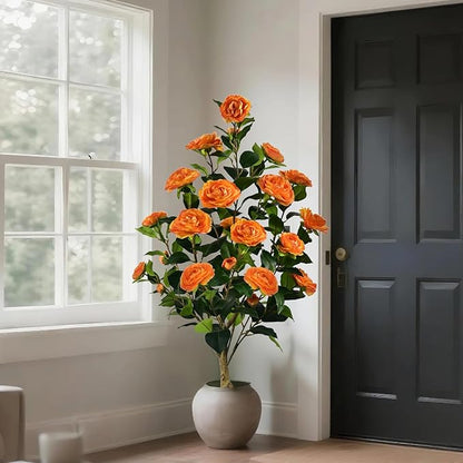 Artificial Camellia Tree with Spike, 36” Tall Faux Artificial Plants Outdoor Flower Tree with Orange Blooming Camellia Flower, Fake Flower Tree for Home, Garden Decor(Orange)