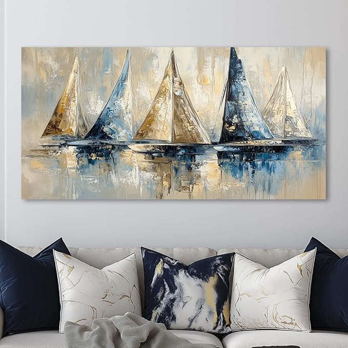 Blue Wall Art Sailboat Canvas Painting Ocean Sailboat Prints Sailing Ship Canvas Artwork Modern Coastal Blue Abstract Wall Art for Living Room Bedroom Office Boys Bedroom Wall Décor Ready to Hang (24x48 Inches)