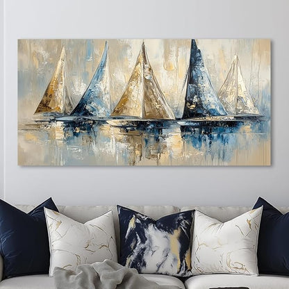 Blue Wall Art Sailboat Canvas Painting Ocean Sailboat Prints Sailing Ship Canvas Artwork Modern Coastal Blue Abstract Wall Art for Living Room Bedroom Office Boys Bedroom Wall Décor Ready to Hang (20x40 Inches)