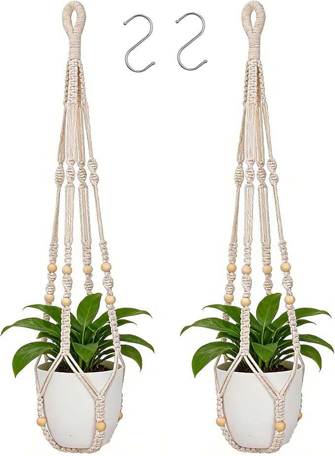 YIBOT Macrame Plant Hanger Indoor Outdoor, Up to 4-15 inch Pot, Heavy 20lb Planters, Extra Long Strong Hanging Planter Basket, Boho Home Decor, 35 Inch, Ivory, Set of 2 (POTS NOT Included)
