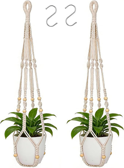 YIBOT Macrame Plant Hanger Indoor Outdoor, Up to 4-15 inch Pot, Heavy 20lb Planters, Extra Long Strong Hanging Planter Basket, Boho Home Decor, 35 Inch, Ivory, Set of 2 (POTS NOT Included)