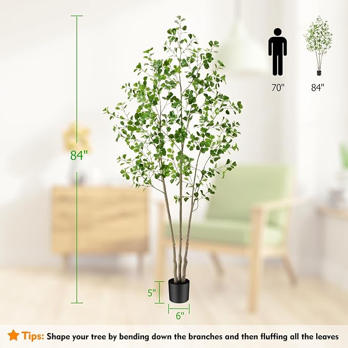 7ft Artificial Ficus Tree with Heart-Shaped Leaves - Lush & Full Branches, 84" Tall Luxurious Faux Heart-Leaf Ficus Tree, Perfect for Modern Home & Office Decor, Natural Look