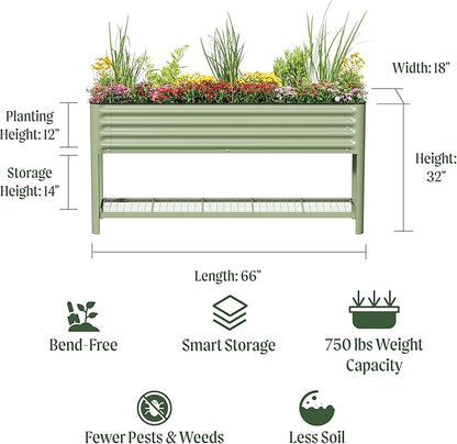 Elevated Raised Garden Bed- Slim Series, 1.5' x 5.5' Outdoor Planters Boxes with Legs & Storage Rack for Patio, 750 Lbs Weight Capacity, Raised Beds for Gardening Herbs Vegetables Flowers, Olive Green