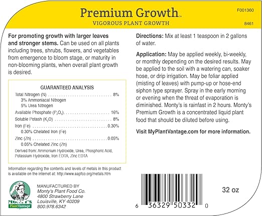 PlantVantage Premium Growth Plant Food - Liquid Fertilizer for Stronger Stems and Larger Leaves - NPK Fertilizer (8-16-8) with Zinc and Iron - Foliar Spray for Trees, Shrubs, and Flower Boost - 32 oz