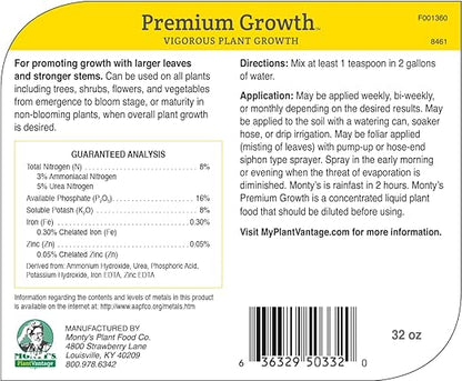 PlantVantage Premium Growth Plant Food - Liquid Fertilizer for Stronger Stems and Larger Leaves - NPK Fertilizer (8-16-8) with Zinc and Iron - Foliar Spray for Trees, Shrubs, and Flower Boost - 32 oz