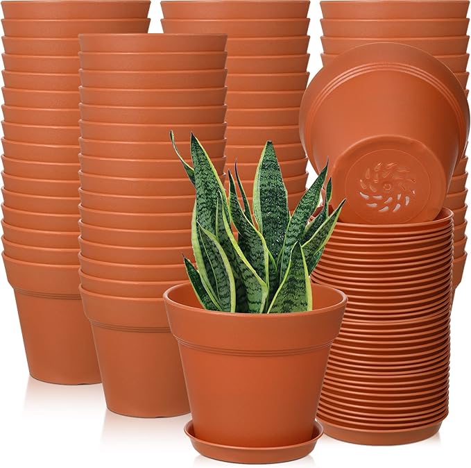 Mumufy 54 Pack 4 Inch Plant Pots Bulk Small Planter with Drainage Hole and Saucer Small Plastic Pots for Flowers Succulent Cactus and All House Indoor(Terracotta)