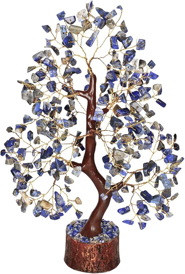 NARIBABU Lapis Lazuli Crystal Tree – 10-12 Inch Gemstone Tree with Golden Wire & Wooden Base – Healing Crystals Decor, Gifts for Her, Birthday Gift for Women, Spiritual Energy