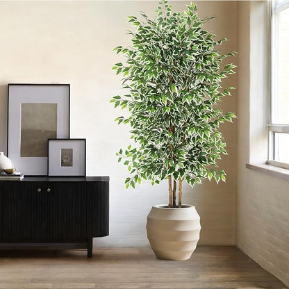 GTIDEA 7ft Ficus Artificial Trees, Tall Faux Trees Indoor with Natural Trunk and Fake Silk Tree Fake Plants for Home Decor Living Room Outdoor Balcony House Office (Included Dried Moss)