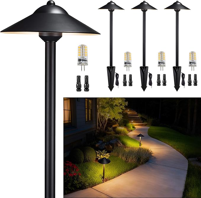 Gardenreet Solid Brass Landscape Path Lights (9" Shade, 23.5" Tall) - Low Voltage Pathway Light Wired, 12v IP65 Outdoor Area Lighting, LED Black for Garden Yard Driveway with 3W 4000K G4 Bulb (4 Pack)