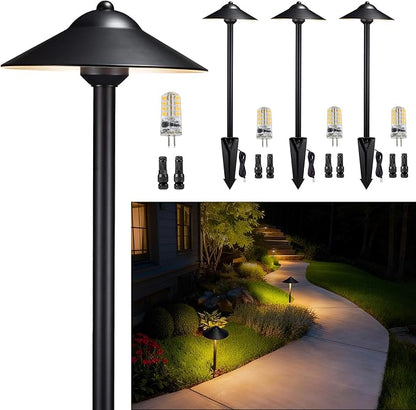 Gardenreet Solid Brass Landscape Path Lights (9" Shade, 23.5" Tall) - Low Voltage Pathway Light Wired, 12v IP65 Outdoor Area Lighting, LED Black for Garden Yard Driveway with 3W 4000K G4 Bulb (4 Pack)