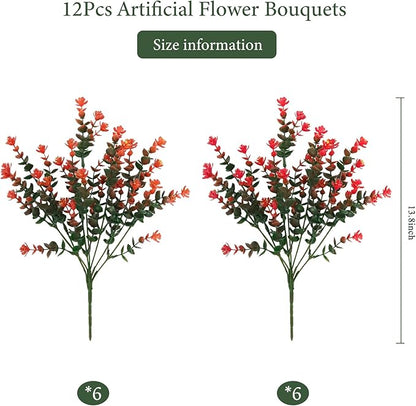 Artificial Flowers for Outdoors, Faux Flowers for Outdoor planters, 12 Bundles Fake Flowers UV-Anti for Decoration, Outdoor Faux Plants, Orange+Red