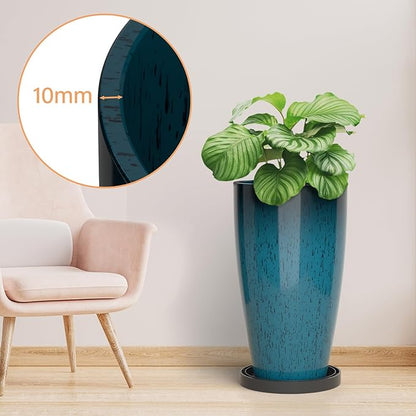 ZMTECH 21 Inch Tall Plant Pots for Indoor & Outdoor Use Set of 2, Large Plastic Planters with Removable Tray for Outside with Drainage Holes for Front Porch Patio Garden, Dark Teal Blue