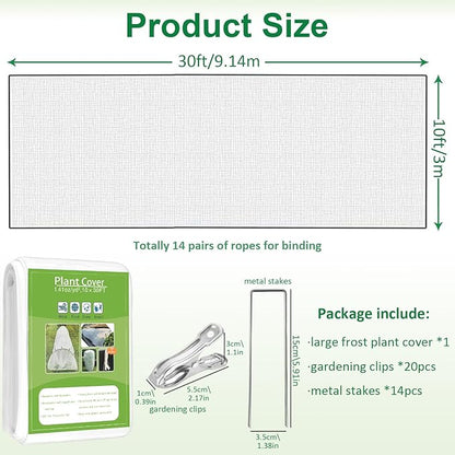 Plant Covers Freeze Protection, 10ft x 30ft 1.41oz/yd² White Frost Cloth Plant Blankets with 20 Stainless Steel Clips Floating Row Covers for Outdoor Gardens Vegetables Winter Frost Pests Protection