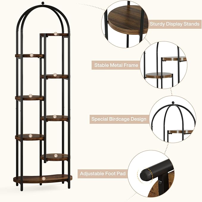 Tribesigns 8-Tier Plant Stand Indoor, 70" Tall Arched Plant Shelf with Metal Frame, Multi-Tier Flower Stand Pot Holder Corner Display Rack for Patio, Balcony, Garden, Living Room, Brow& Black