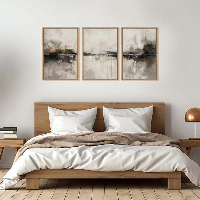 HOURIA Large Abstract Neutral Beige & Black Framed Canvas Wall Art Set,Modern Minimalist Brown Wall Decor,Textured Gray Tan Illustrations Artwork for Living Room, Bedroom, Farmhouse- 16"x24"x3