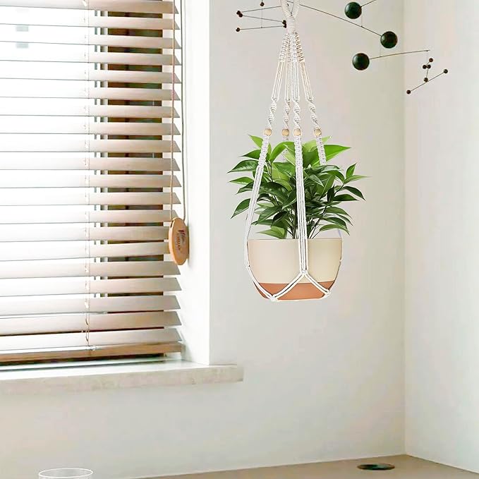 35 Inch Macrame Plant Hanger Indoor Outdoor Fits 4 to 15 inch pots Hanging Planter Basket with Wood Beads and No Tassels,Boho Home Decor,Ivory,Set of 3 (Pots Not Included)