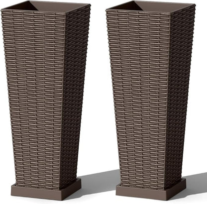 Greesum Set of 2 Tall Plastic Planters with Saucer, 24 Inch Large Pots with Drainage Trays, Weather-Resistant Plastic Plant Containers for Patio, Porch, Garden,Brown