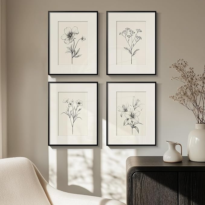 Framed Black and White Botanical Wall Art for Room Decor, 4 Piece Vintage Minimalist Floral Bathroom Painting Print, Farmhouse Rustic Artwork for Bedroom Living Room Fireplace Hallway Walls, 11x14 In