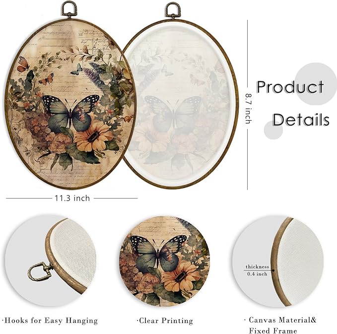 MAQIKA Vintage Butterfly Flower Oval Framed Wall Art Decor, Butterfly Bathroom Decor, Botanical Floral Oval Wall Hanging Decor, Butterflies Canvas Prints Wall Art for Bedroom Home, 8.7x11.3 Inch