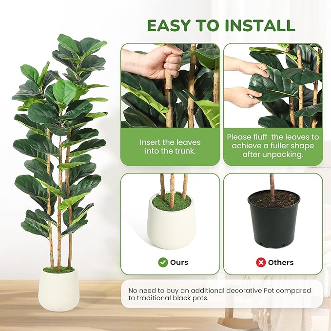 5ft Faux Fiddle Leaf Fig Tree with White Planter, Floor Fake Plants, Realistic Artificial Plants for Home Office Living Room Decor, Housewarming Gift