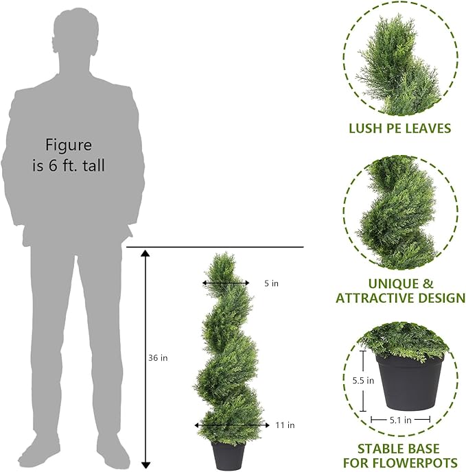 THE BLOOM TIMES 3ft Artificial Topiary Trees Set of 2, 36 inch Faux Cedar Cypress Spiral Topiary Trees Outdoor - Fake Plants for Garden Front Porch Indoor Outside Planter Christmas Decor 3 Foot