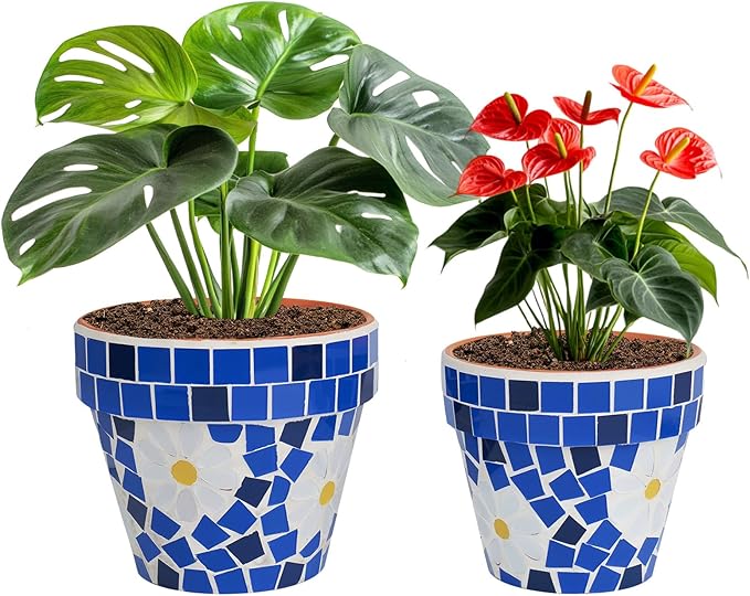 VOREEN Mosaic Terracotta Plant Pots, 2 Pack Handmade Glass Mosaic & Clay Flower Pots with Drainage Plug, Decorative Indoor Outdoor Planter Set for Home Decor, Windowsill, Balcony & Patio