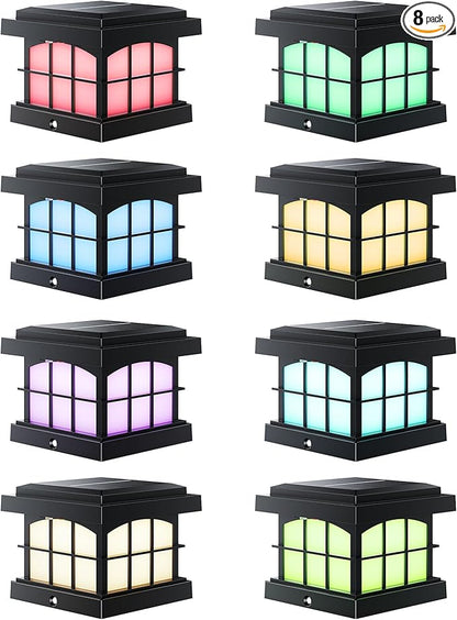 PARTPHONER RGBCW Solar Post Cap Lights 8-Pack, 9 Colors 3 Modes Fence Caps, Bright Solar Outdoor Waterproof LED Deck Lighting for Fence Garden Deck Patio Porch Decor 4x4 Vinyl/Wood, Black