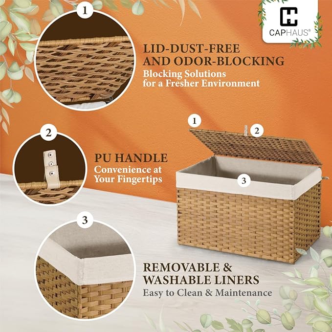CAPHAUS Laundry Basket w/Lid, Synthetic Rattan Laundry Hamper w/Lid and Handles, 2 Removable Liner Bags, Foldable Clothes Hamper for Laundry, Large Storage Basket w/Lid, 65L, Grey