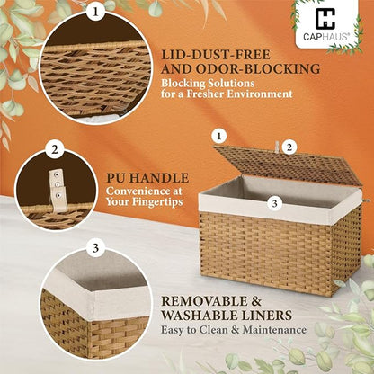 CAPHAUS Laundry Basket w/Lid, Synthetic Rattan Laundry Hamper w/Lid and Handles, 2 Removable Liner Bags, Foldable Clothes Hamper for Laundry, Large Storage Basket w/Lid, 160L, Grey