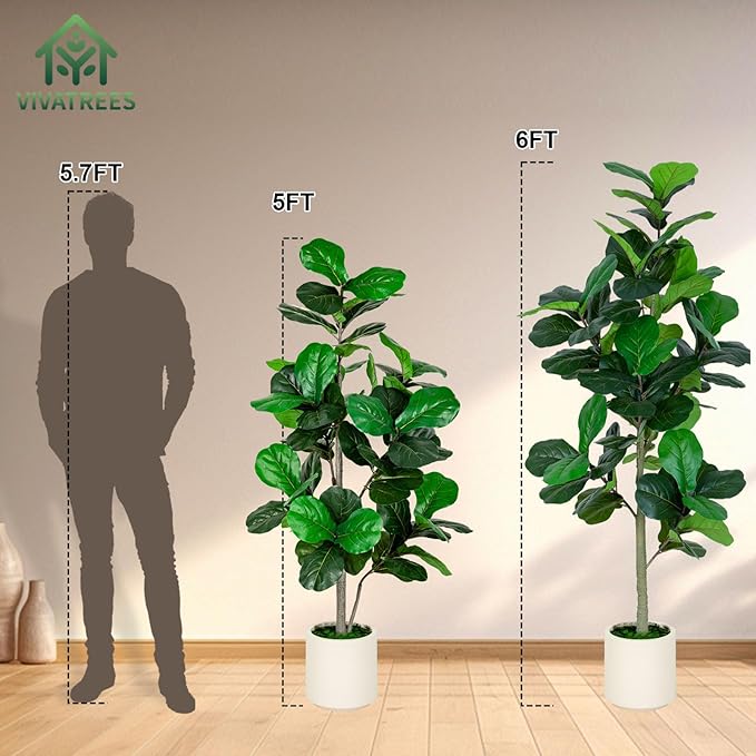 6FT Fiddle Leaf Fig Artificial Tree with White Planter Pot,Faux Floor Plant, Indoor and Outdoor Fake Plants for Home Office Decor
