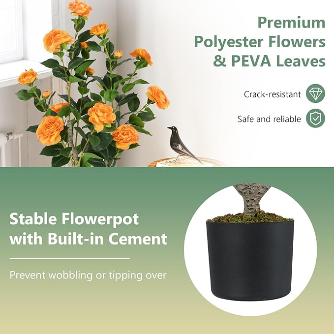 Goplus 36’’ Artificial Camellia Tree, 2 Pack Flower Plants Artificial Tree, Faux Floral Plant Blooming Tree in Nursery Pot, Greenery Potted Plant for Indoor Office Home Porch Decor, Orange
