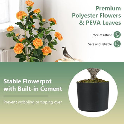 Goplus 36’’ Artificial Camellia Tree, 2 Pack Flower Plants Artificial Tree, Faux Floral Plant Blooming Tree in Nursery Pot, Greenery Potted Plant for Indoor Office Home Porch Decor, Orange
