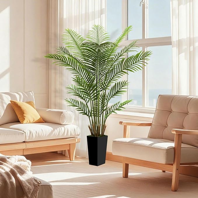 6FT Tall Fake Tree Artificial Palm Plant with Black Planter – Faux Indoor Plants Tree Decor for Home Office Living Room Corner