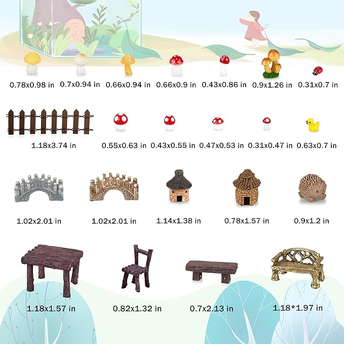 56 Pcs Fairy Garden Accessories, Mini Resin Animals Figures, Miniature Table and Chairs, Moss Bonsai Micro Landscape Ornaments Kit, Miniature Garden Kit, Terrarium Ornaments DIY Craft