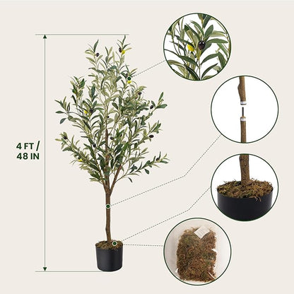 Artificial Fake Olive Tree 4FT Tall 1Pack Faux Silk Olive Tree for Home Living Room Office Decor Faux Artificial Plants Indoor Fake Potted Plants with Fruit & Free Moss