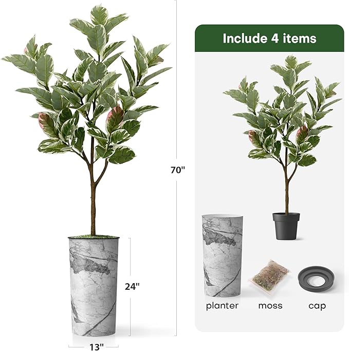 Artificial Tree in Gray Marble Effect Planter, Fake Rubber Silk Tree for Indoor and Outdoor Home Decoration - 70" Overall Tall (Plant Pot Plus Tree)