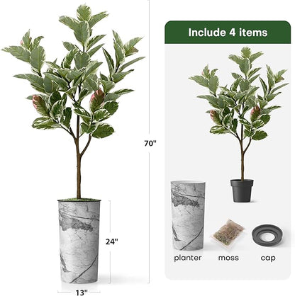 Artificial Tree in Gray Marble Effect Planter, Fake Rubber Silk Tree for Indoor and Outdoor Home Decoration - 70" Overall Tall (Plant Pot Plus Tree)