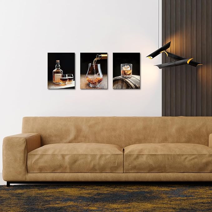 AoArtWZ Whisky Glasses Canvas Wall Art 3 Piece Whisky Bottle and Barrel Painting Pictures Prints Home Bar Mens Room Decor Framed Artwork 12" x 16" x 3pcs